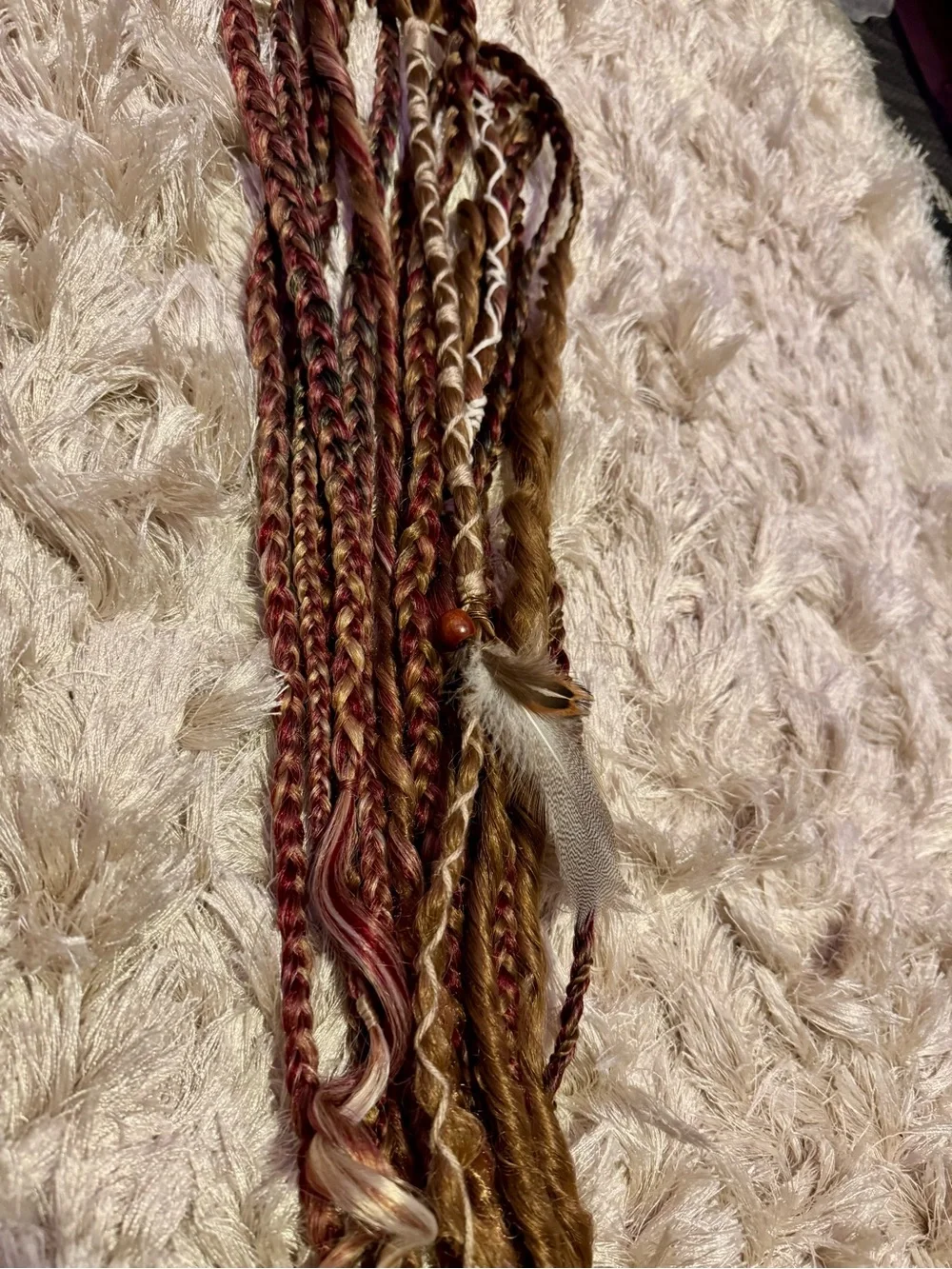 Hand-Braided Hair Extensions with Feathers and Beads - Brown & Burgundy